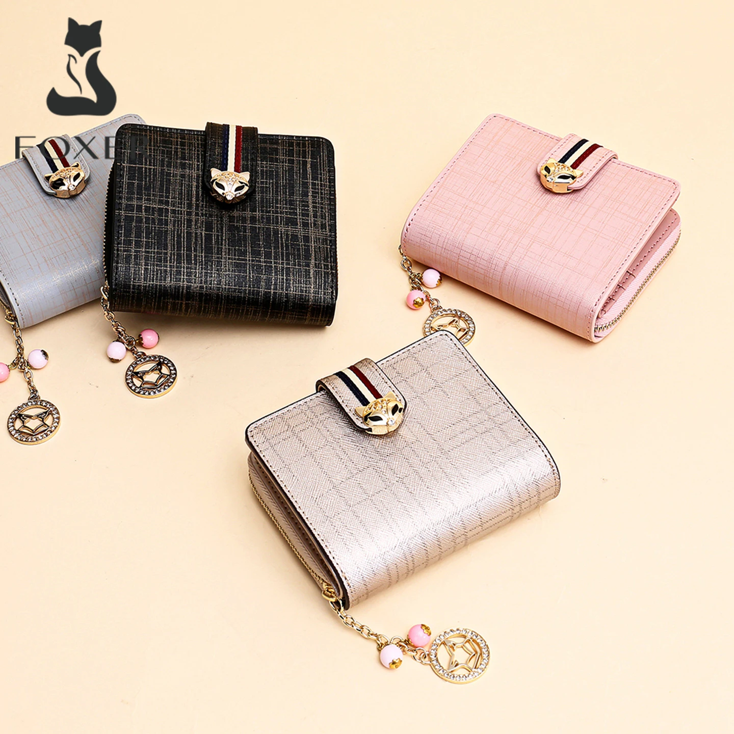 FOXER Brand Women Short Wallet Mini Cowhide Leather Card Holder Fox Head Buckle Coin Purse Fashion Ladies Small Bifold Money Bag