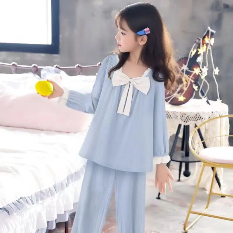 Girls Pajamas Spring Autumn Thin Cotton Yarn Two-piece Girl Princess Style Long-sleeved Suit Children Air-conditioning Clothing