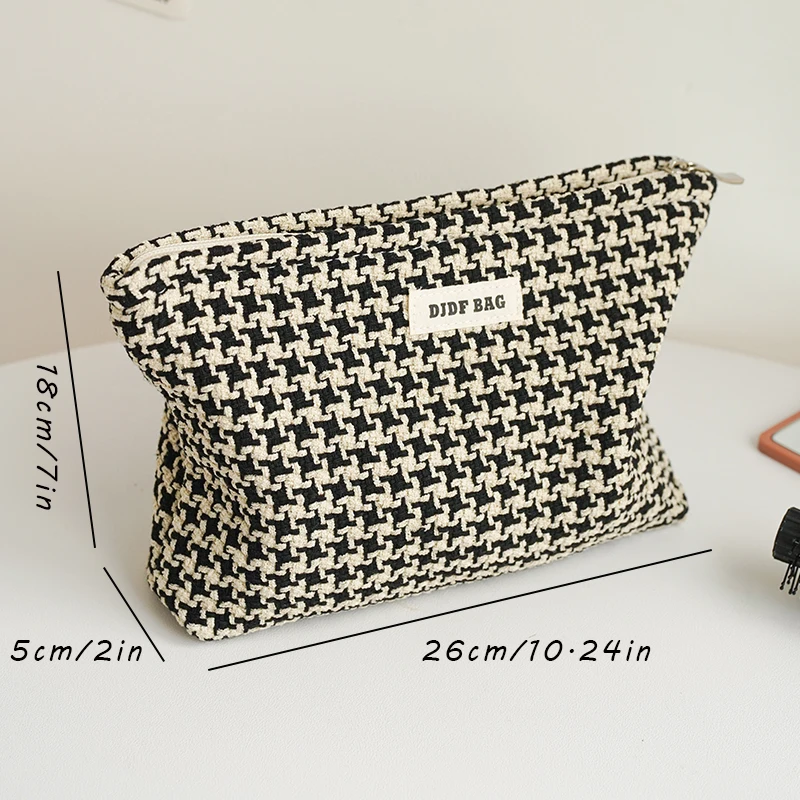 DJDF Women\'s Cosmetic Bag Black & White Houndstooth Skincare Products Large Capacity Storage Bag Portable Travel Toiletry Bag