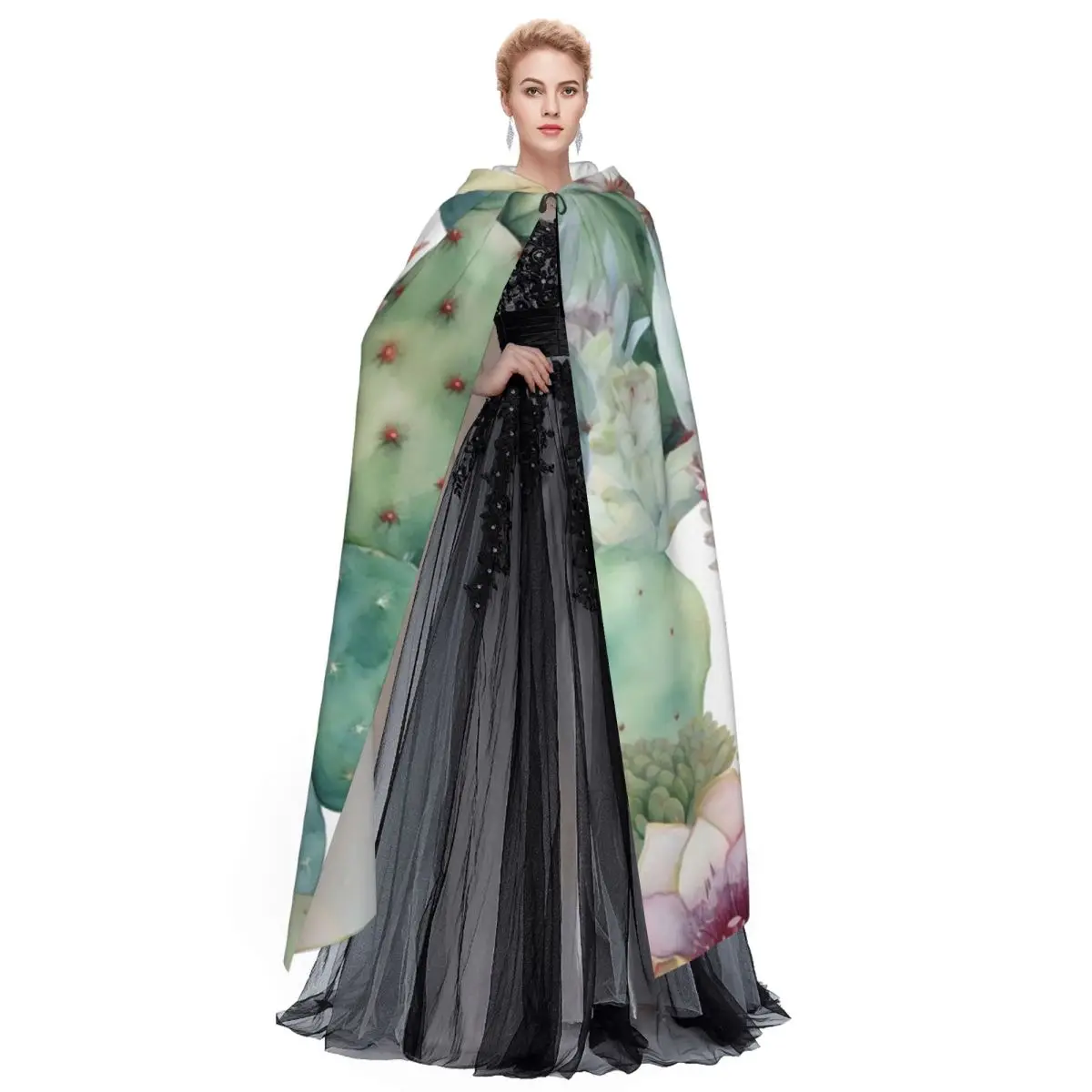 Watercolor Cactus Pattern Long Hooded Cloak Witch Medieval Costume Cosplay Cape HalloweenVampire Adult Unisex