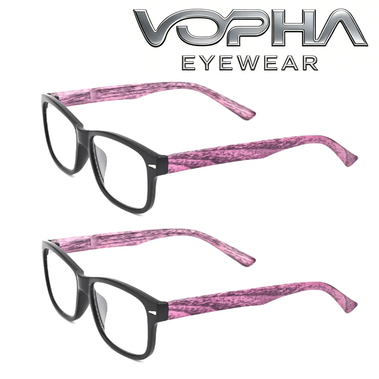 VOPHA 2 Pack Retro Reading Glasses Men Women, Blue Light Blocking Computer Readers, Woodgrain Temple Square Eyeglasses