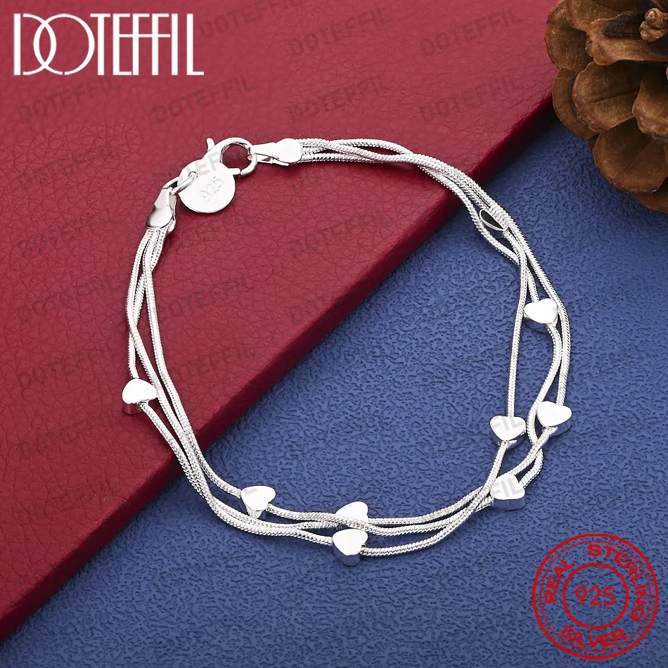 925 Sterling Silver Delicate Multi-Layer Heart-Shaped Bracelet for Women, Fashionable and Elegant Gift, Wedding Accessories