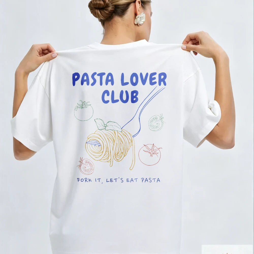 White Round Shapes Pasta Crew Neck Relaxed Fit Spaghetti Text Basil Tomatoes Fork Cotton Oversized T Shirt Aesthetic Clothes