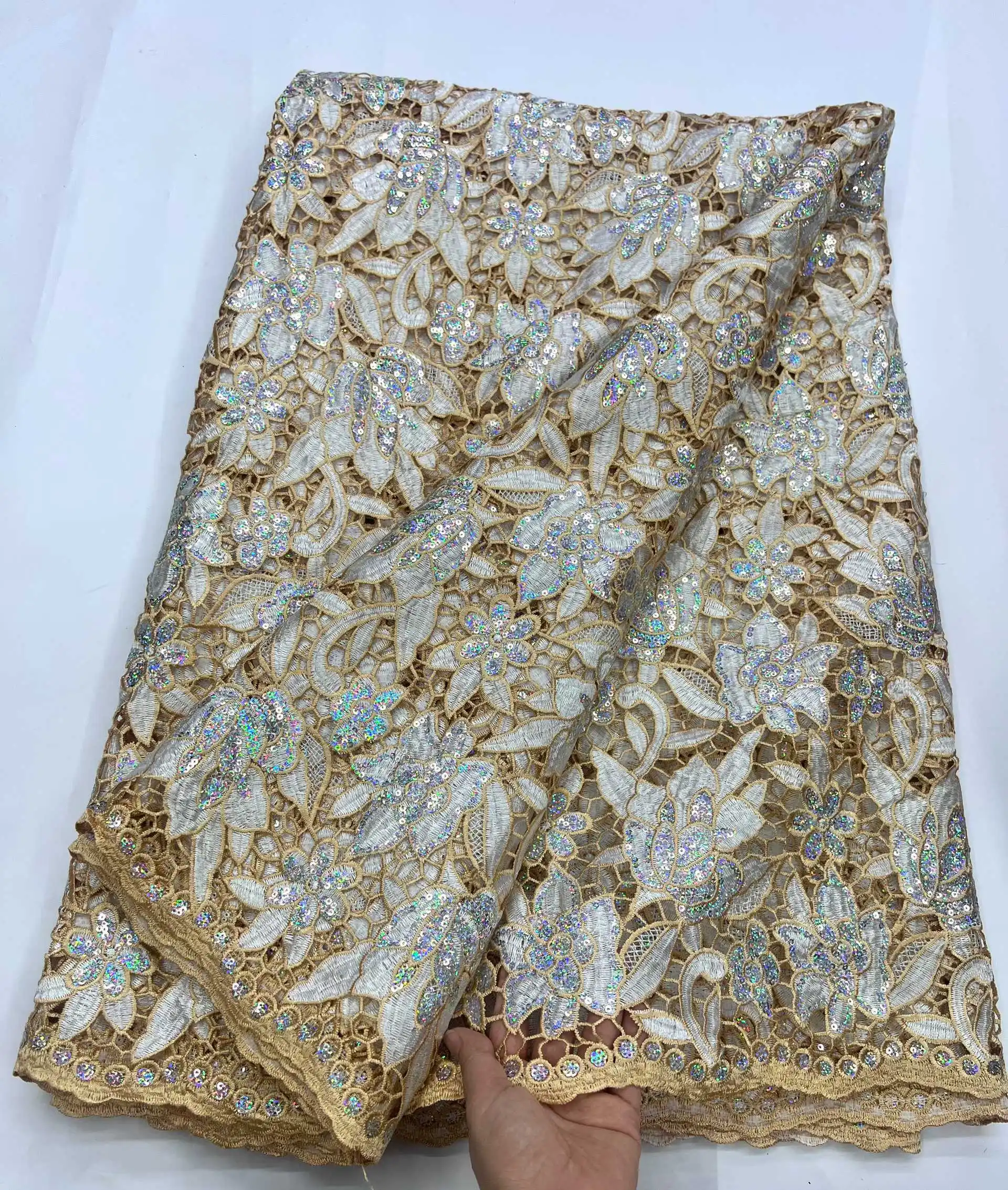 African Milk Silk Cord Lace Fabric 2025 High Quality Lace With Sequin Water Soluble Nigerian Guipure Cord Lace For Wedding Dress