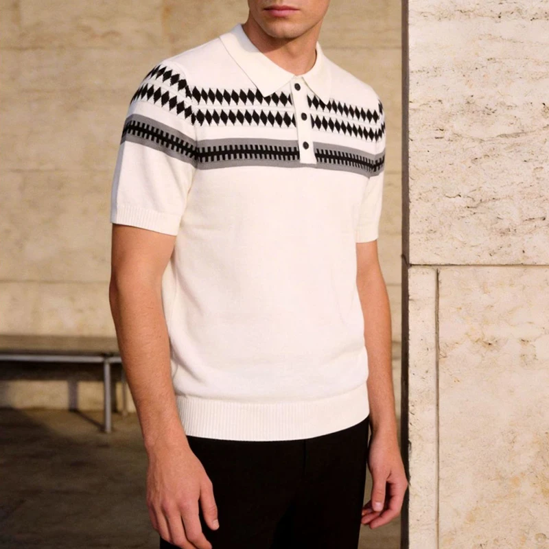 Vintage Knitting Polo Shirts Mens Button-up Turn-down Collar Short Sleeve Casual Polos Men Sumemr Stylish Crochet Knit Pullovers