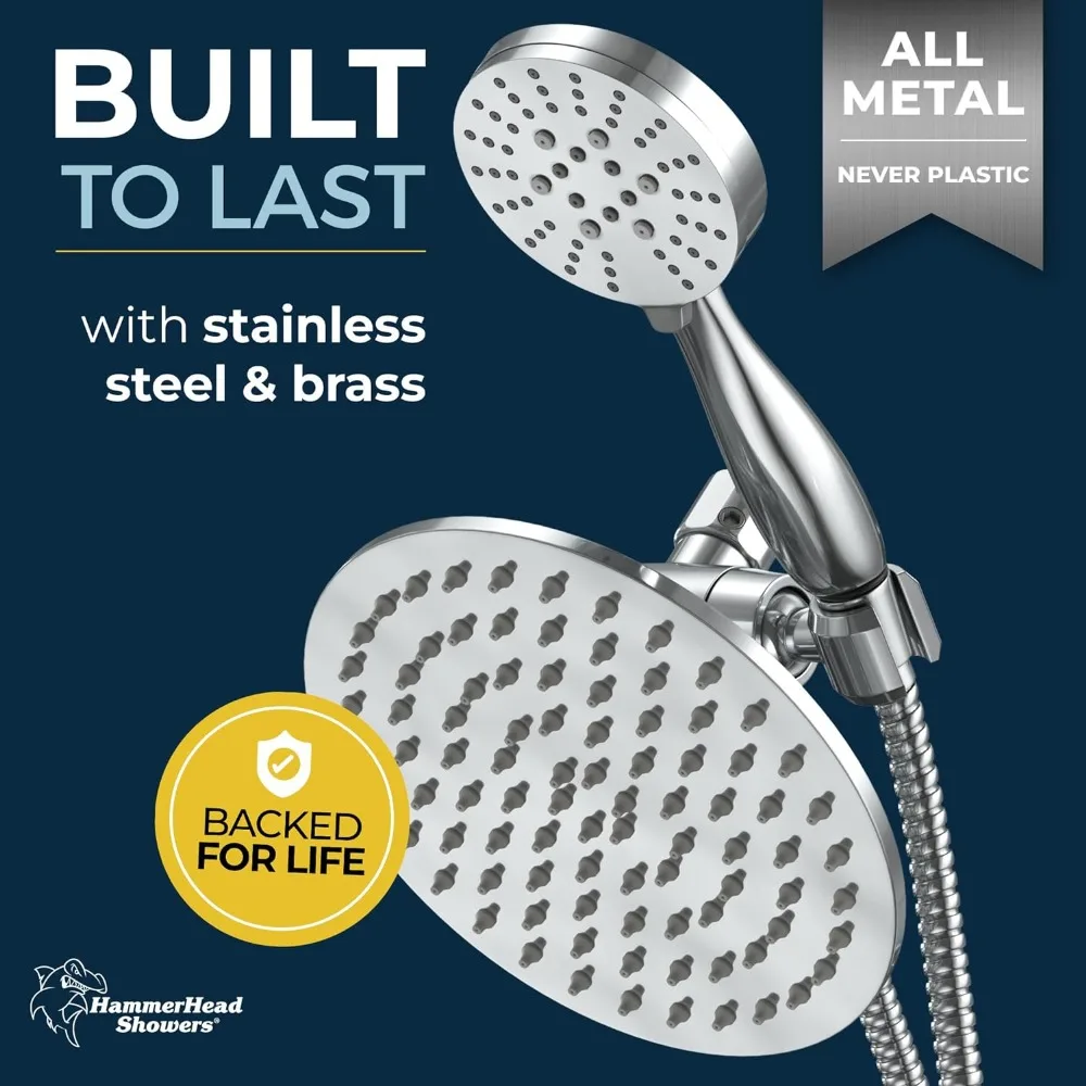 ALL METAL Dual Shower Head Combo – CHROME – 8 Inch Rainfall High Flow Shower Head & 3-Flow Handheld Shower Head High Pressure