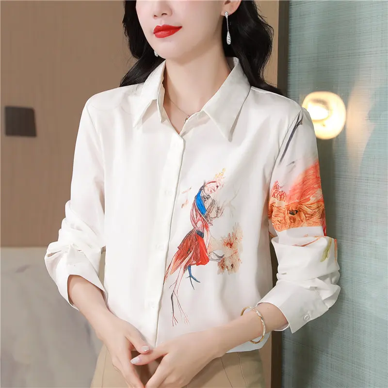

Printed Stylish Top Commuter Versatile White Shirt