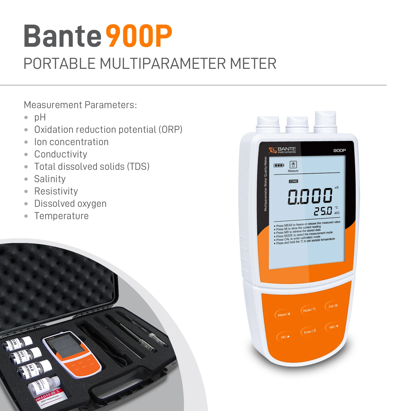 

Bante900P Water Analysis Portable Multi-parameter Water Quality Meter Digital pH ORP DO Conductivity TDS Salinity chlorine meter