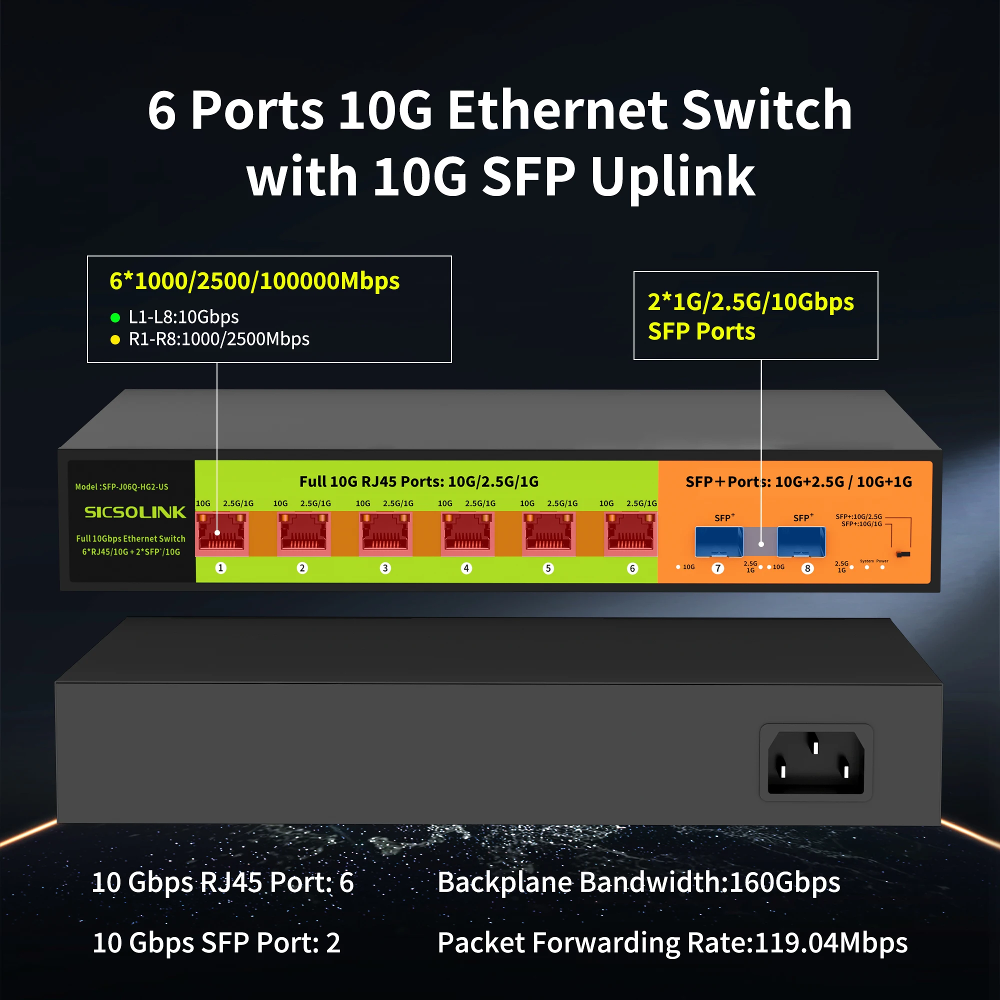 SICSOLINK 8 Port 10G Ethernet Switch Unmanaged,with 6*10gb RJ45 Ports,2*10gb SFP+ Ports,10Gbps Network Switch Suitable for 10G N