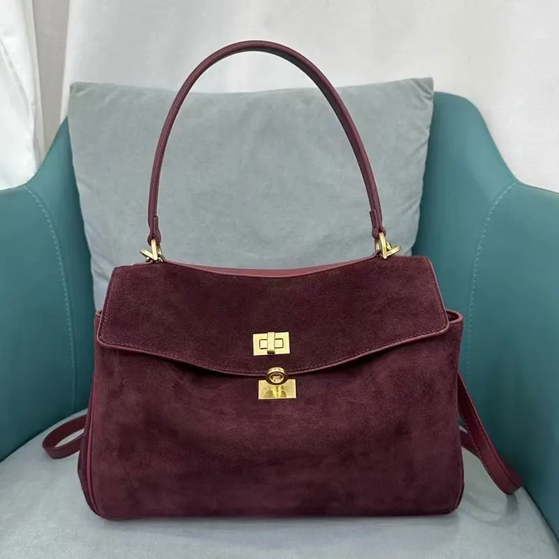 Burgundy Genuine Leather Luxury Shoulder Bag Suede High Quality Large Capacity Casual Crossbody Tote Handbag Ladies Purse