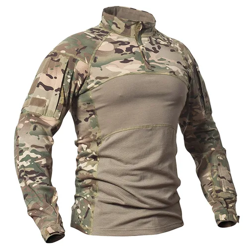 Camisa de combate táctico de camuflaje para hombre, camisas de uniforme de algodón elástico con cremallera 1/4, camiseta de camuflaje de manga larga