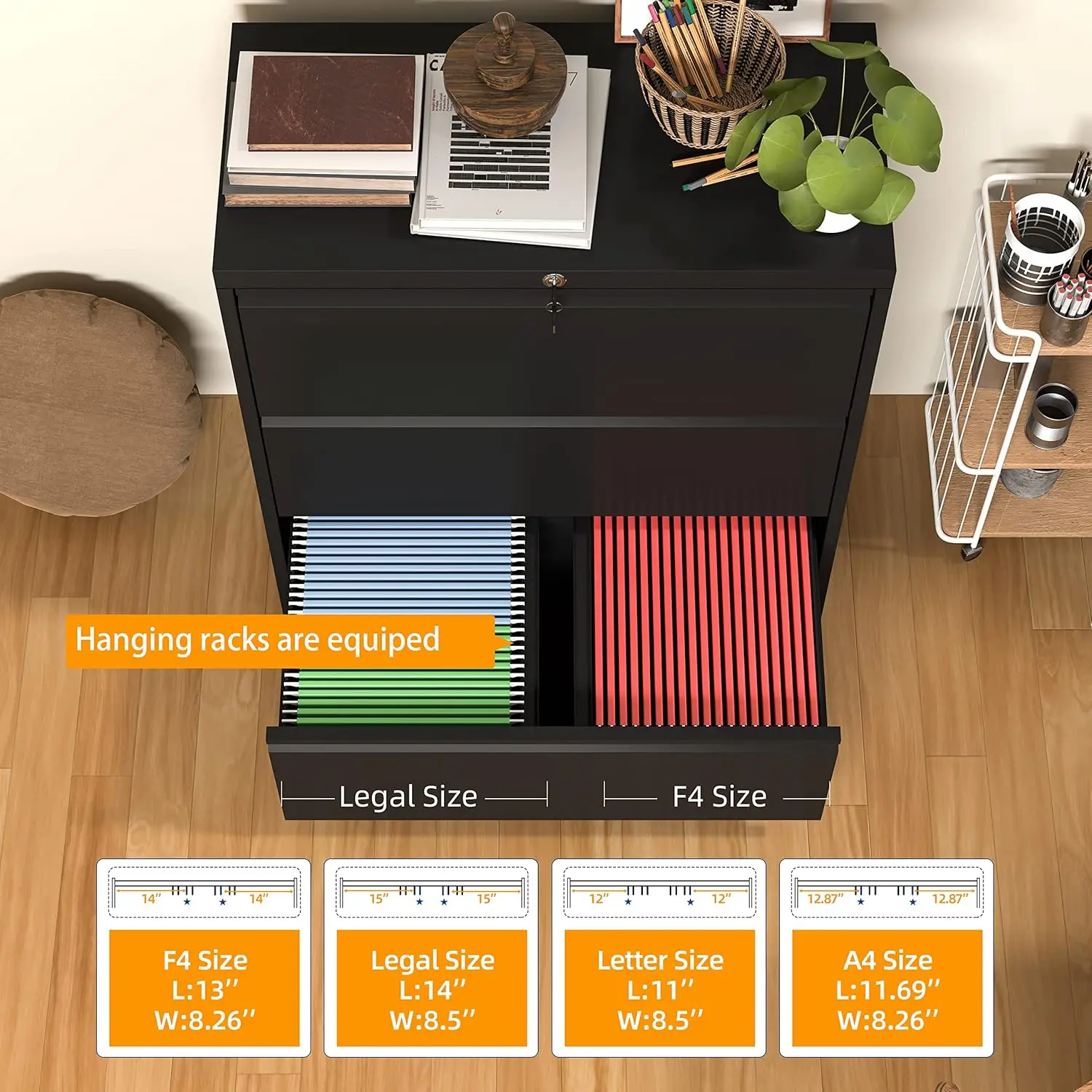 Kabinet File Lateral hitam dengan kunci, 3 Laci kabinet arsip Lateral untuk hukum/huruf ukuran A4, pengunci File lebar baja logam