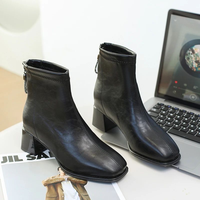 

New Women's High-Heeled Short Boots Fleece-Lined Slimming Stilettos Autumn Winter Polyurethane Leather Shoes Petite Ankle Boots