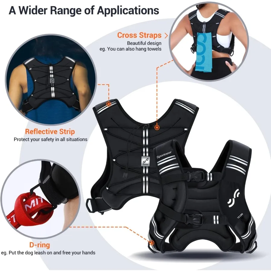 سترة Sportneer المرجحة للنساء والرجال: 8 رطل 12 رطل 15 رطل 20 رطل 25 رطل سترة وزن قابلة للتعديل مع حقيبة هاتف قابلة للفصل لـ Ruck