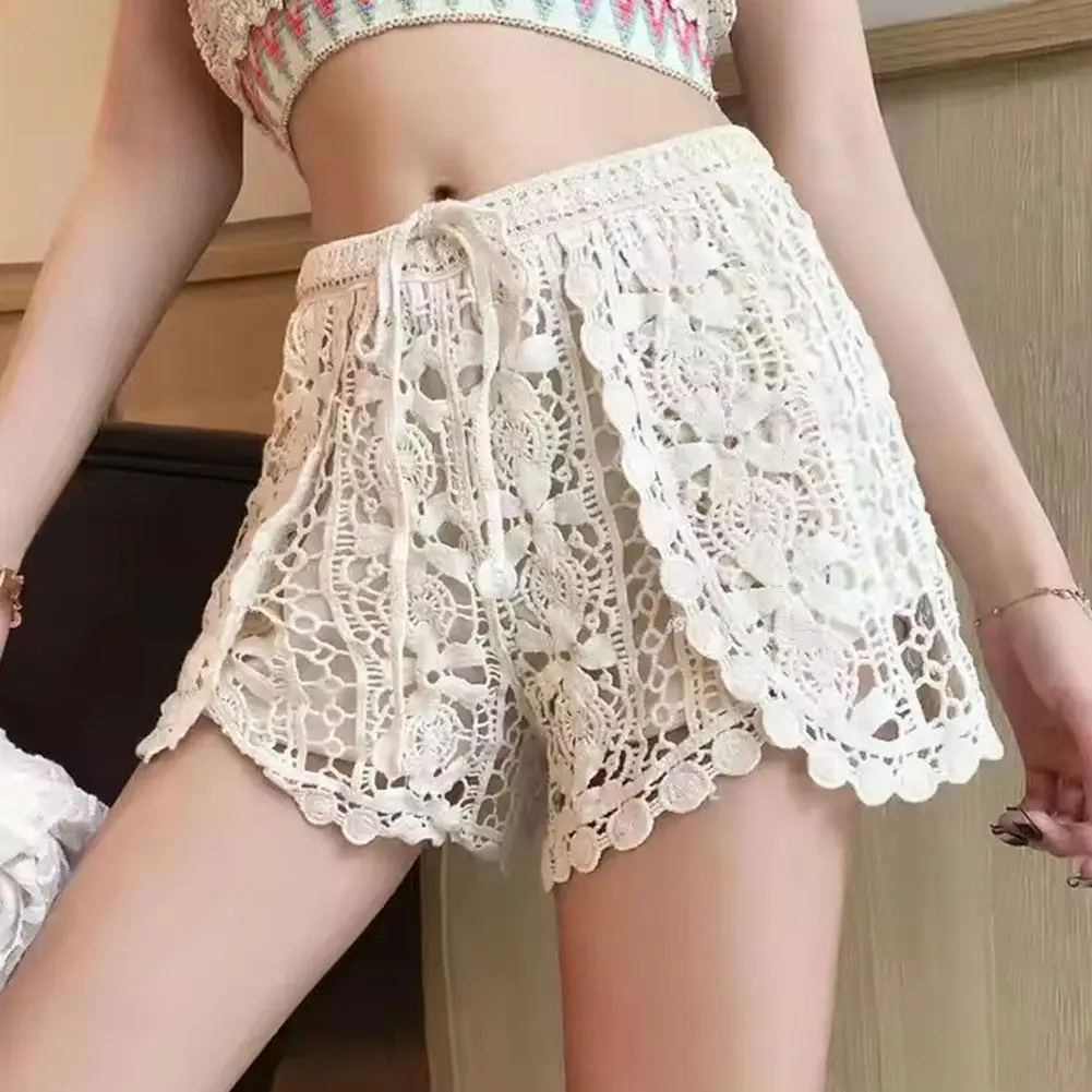 

Boho Holiday Crochet Shorts for Women High Waist Hollow Out Lace-up Female Short Ladies Summer All-matching Trousers