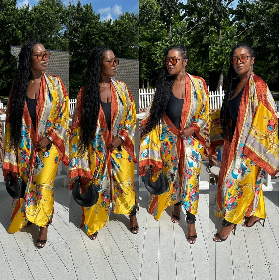 African Summer Fashion Lady Boho Silk Printed Loose Long Cardigans Causal Europe Women Beach Swimwear Duster Coats Muslim Robe