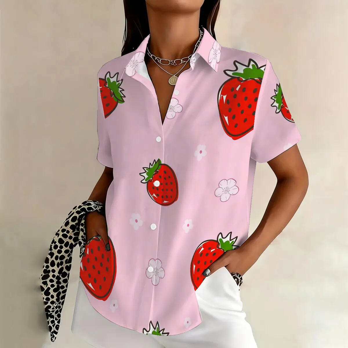 

Summer plus-size fashionable strawberry print short-sleeved shirt for women, regular fit, print, comfortable for plus-size women