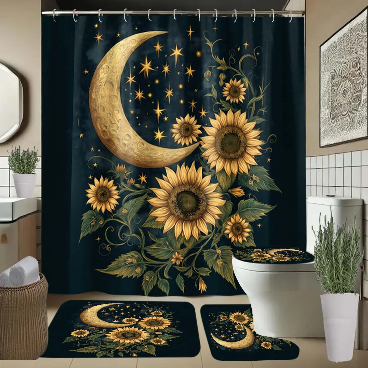 

4pcs Moon, Sunflower, Star Pattern Shower Curtain with Hooks, Bathroom Partition Curtain, Bathroom Accessories, Home Deco