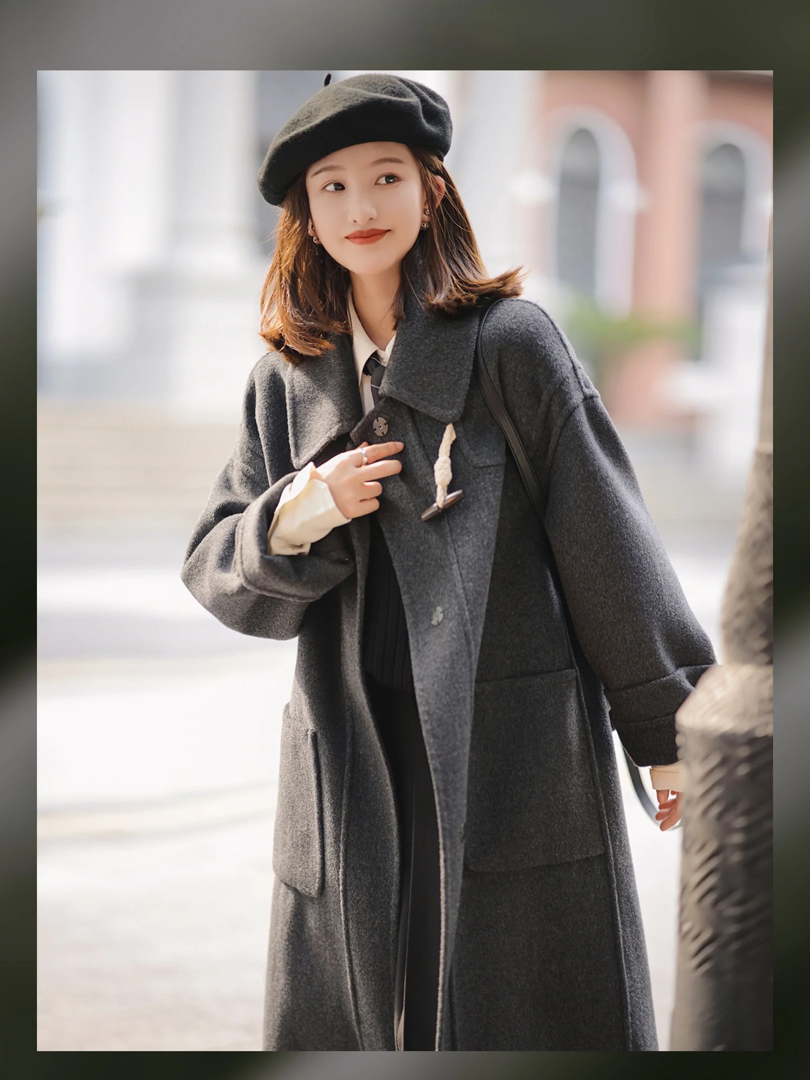 

Loose Woolen Windbreaker Double-Faced Tweed Coat Turn-down Collar Classic Pure Color Commute Sle Long Sve Straight Cut