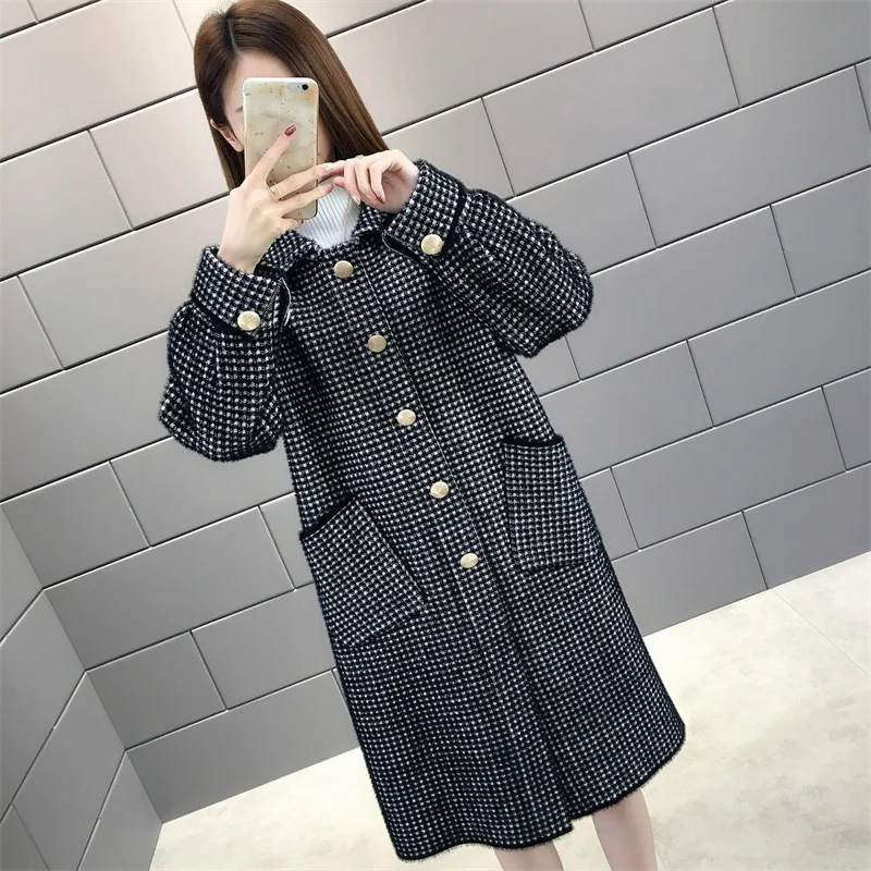 Autumn and Winter Golden Sable Knitted Cardigan Women\'s Sweater Medium Long Thick Loose Coat Coat Coat Woolen Plaid Large