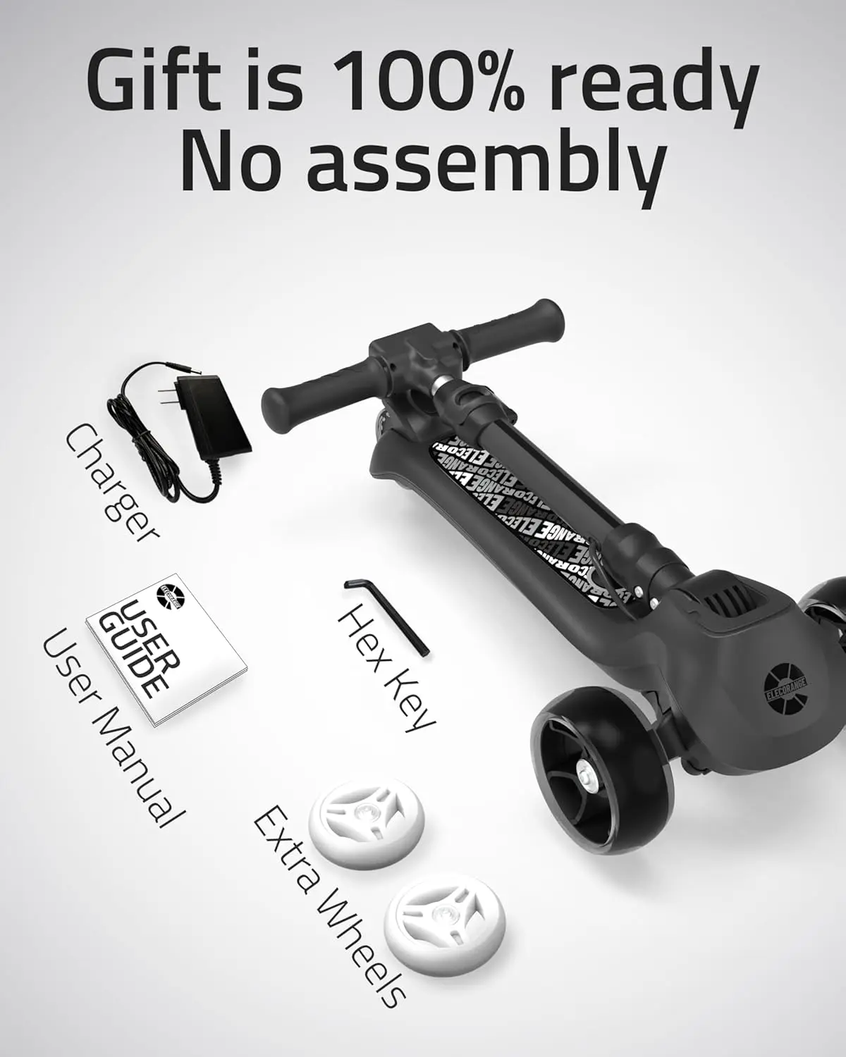 Elecorange T200/T500 Balance Scooter électrique pour enfants de 4 à 9 ans, 2 types de roues avant, klaxon électrique, éclairage complet du corps, large D