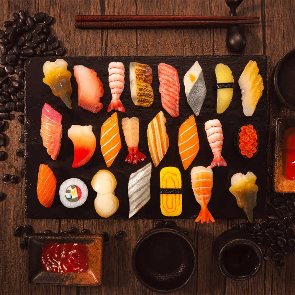 Comida japonesa, espiga de pescado artificial, vieira, calamar, camarones, arroz, Sashimi Oshizushi, Chirashi Temaki Gunkan Maki Nigiri Sushi