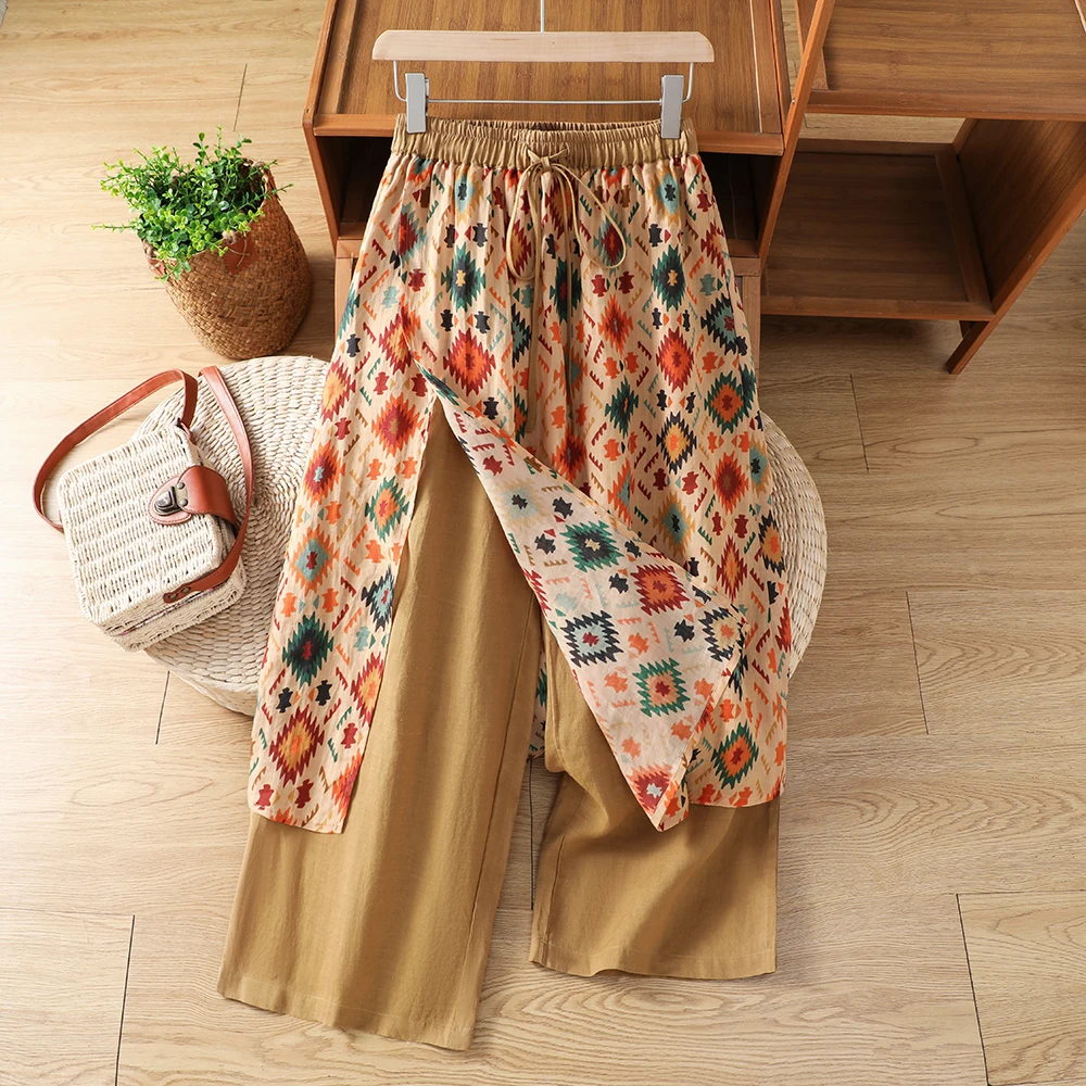 

Ретро-брюки-юбка с цветочным принтом в этническом стиле, свободные повседневные брюки с широкими штанинами в китайском стиле из хлопка для женщин среднего возраста