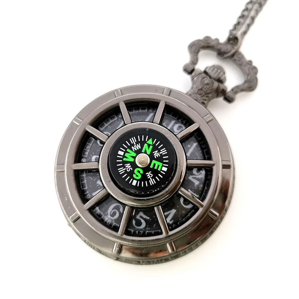 Retro Compass Pocket Watch, Necklace Pendant, 10Pcs, Lot