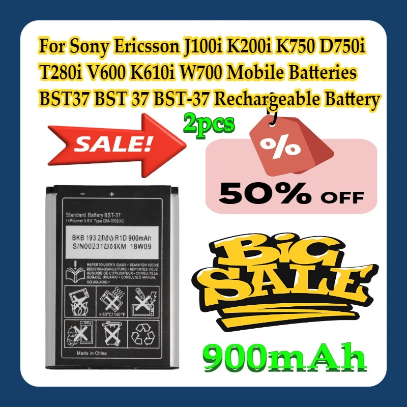 

2pcs For J100i K200i K750 D750i T280i V600 K610i W700 Mobile Batteries 900mAh BST37 BST 37 BST-37 Rechargeable Battery