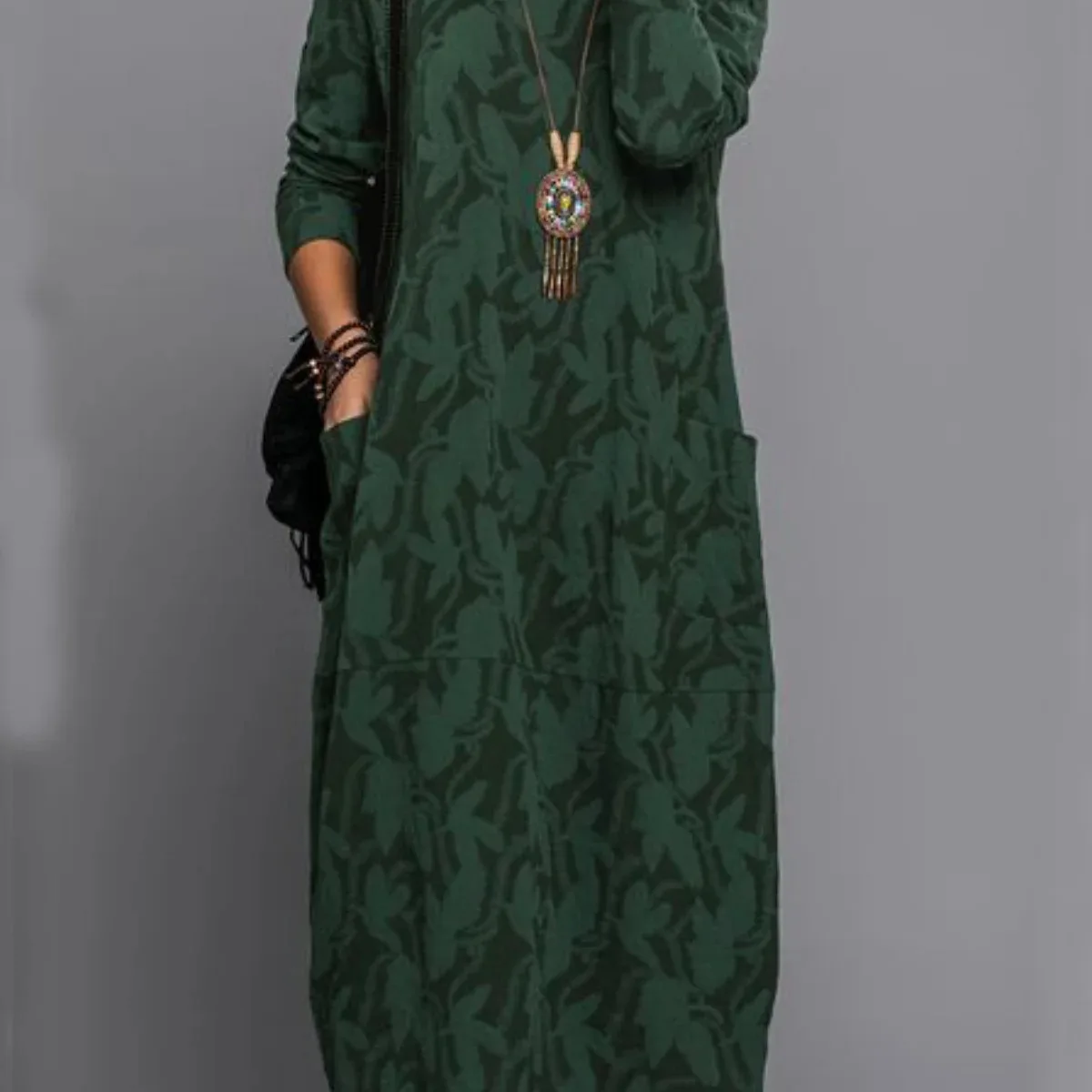 

New Round Neck Long Sleeved Dress With Casual Print And Pocket For Comfortable Autumn Spring Women's Fashion Dress
