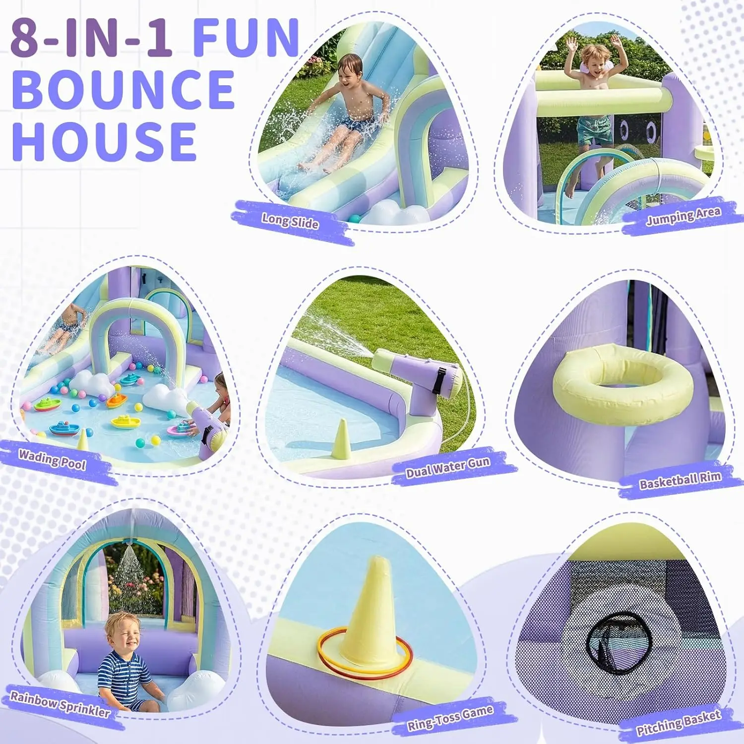 Inflatable Bounce House with Rainbow Arch and Extra Long Water Slide | Outdoor Bouncy Castle, Included 750W Blower, Splash Pool, view 4