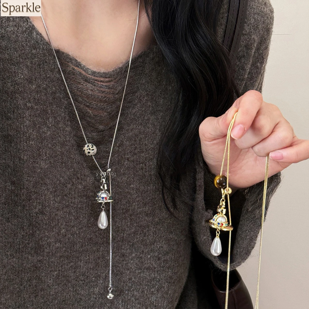 

Bohemian Bell Pearl Long Necklace with Leopard Print Bead & Colorful Gem Pendant Silver/Gold Tone Adjustable Chain for Daily Fas