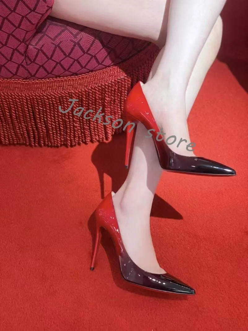 

Elegant Patent Leather Gradient Pumps Stiletto Pointed Toe French Sexy Super High Heels Women Shoes Mixed Colors Wedding Shoes