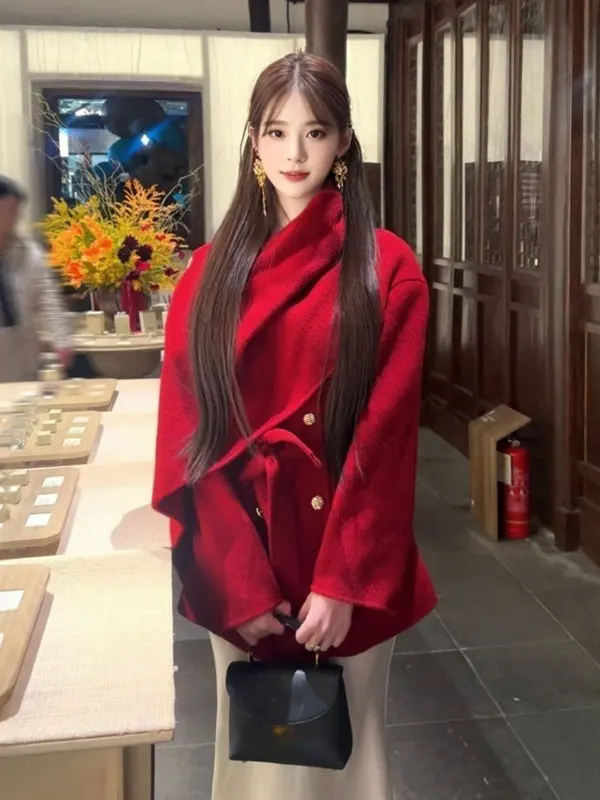 

Korean Sle Faionable Red Double-Faced Wool Coat with Belt Small Size Beautiful Outerwear for Women Winter Season