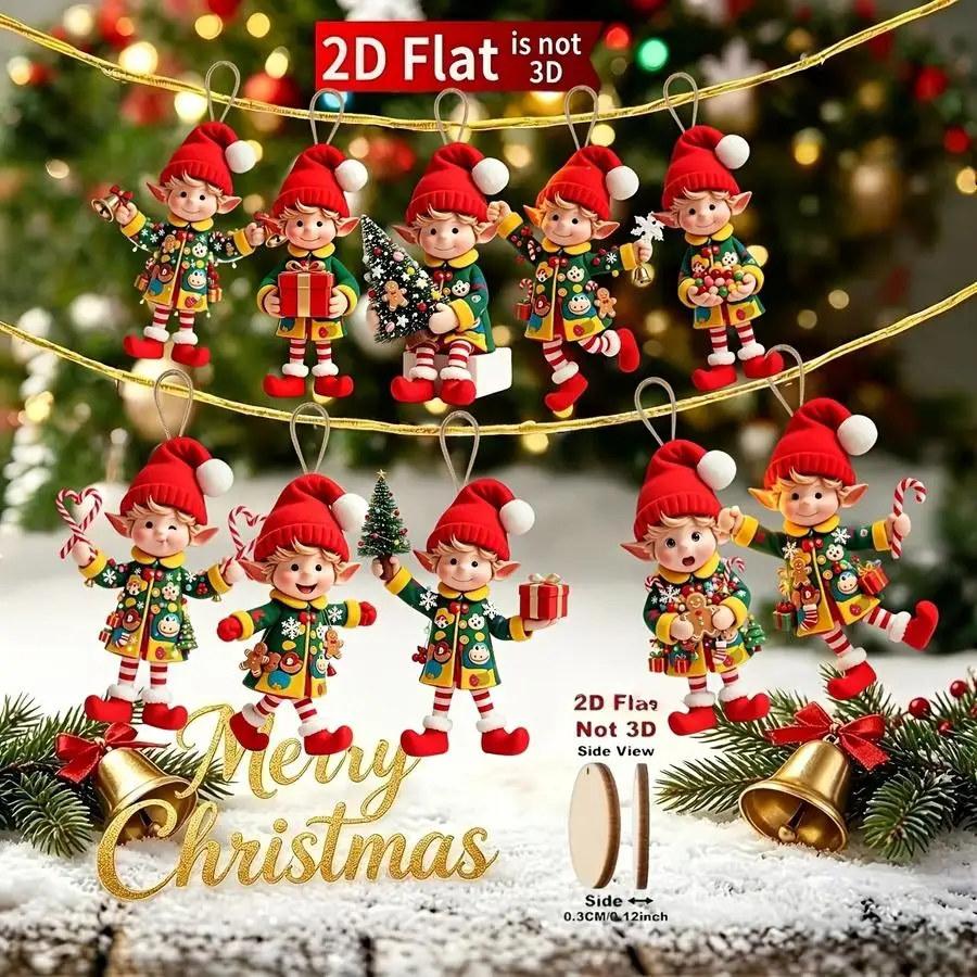 1/5/10/20/50/100pcs 2D Flat, 10 pieces—Perfect for Christmas Tree Ornaments - Cute Elf Figures Holding Gifts, Artificial Hanging