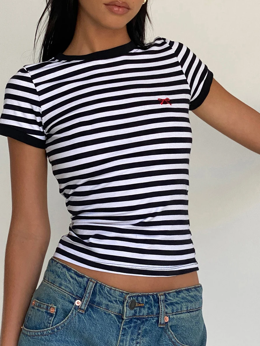 T-shirt estiva a righe da donna con fiocco ricamato a maniche corte Crop top Vintage Slim Baby Tee per Streetwear estetica Grunge Y2K