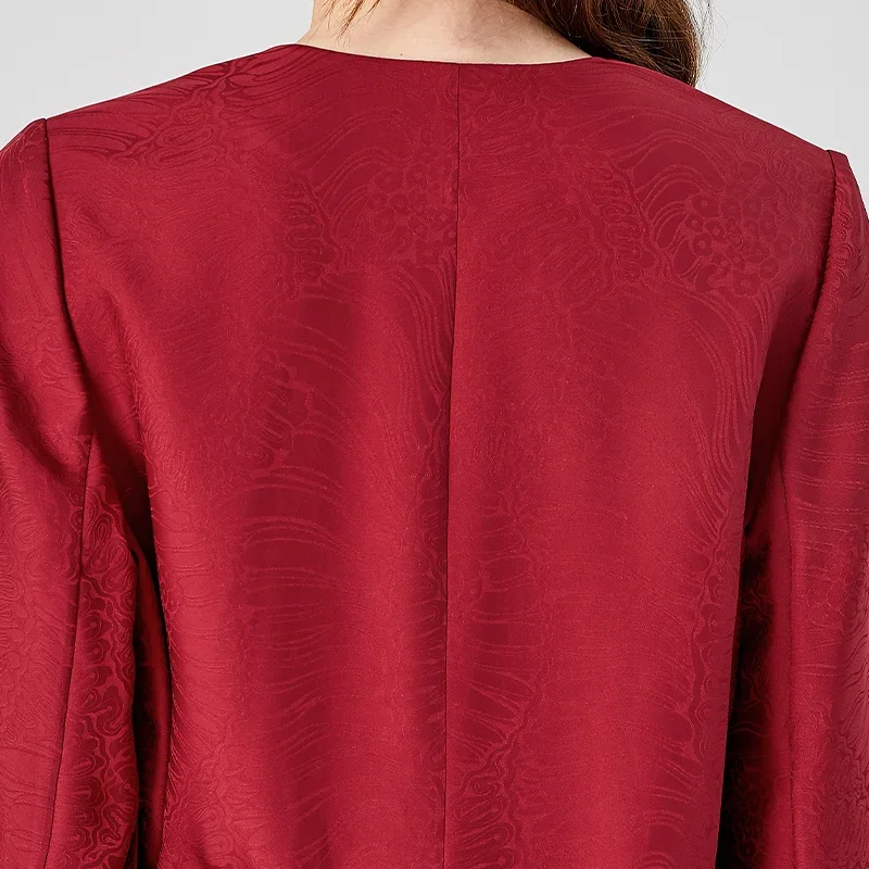 VOA 100% pur mûrier soie Jacquard vin rouge col en v à manches longues coupe-vent deux boutons ceinture ample droite Trench manteau FE376