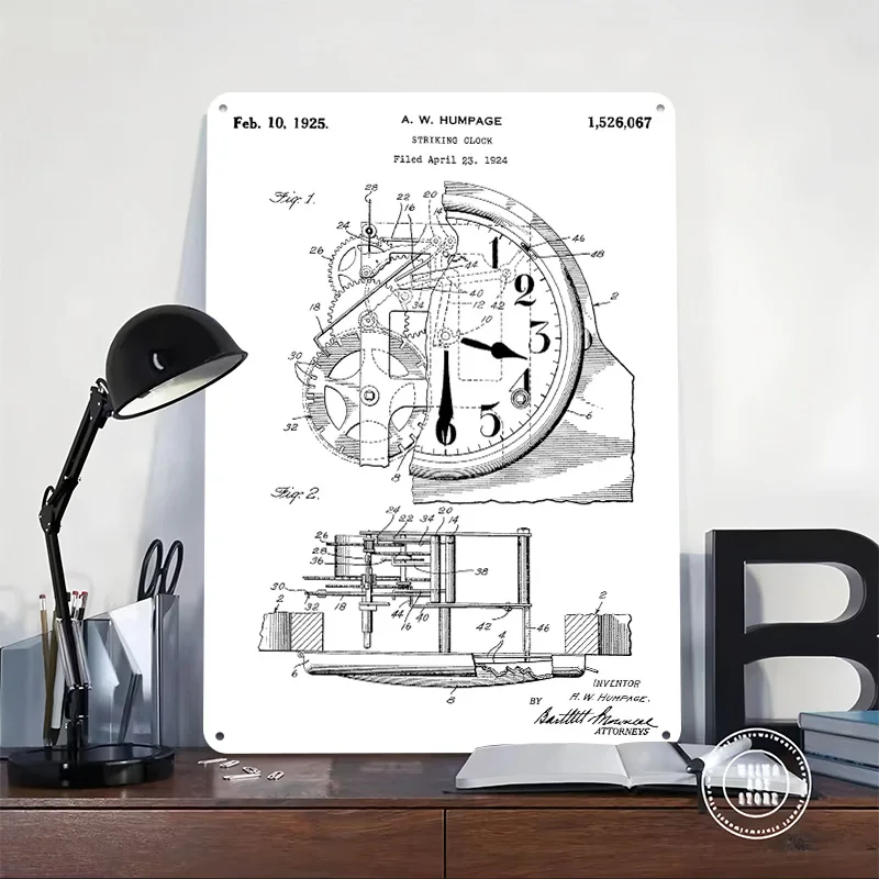 Striking Clock Patent 1925 Tinplate Posters Customizable Wall Art Retro Vintage Metal Signs for Home Room Office Decor Wand Deko