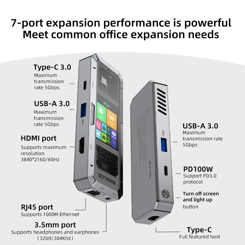 PIVA G71 7 في 1 محطة إرساء مكتبية من سبائك الألومنيوم شاشة عرض ذكية من النوع C إلى HDMI2.0 USB3.0 HUB PD100W محول