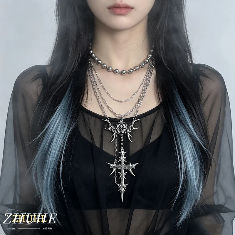 Copper Alloy Material Punk Skull Cross Two-tier Necklace, Women Men Universal Jewelry Accessories, Edgy Thorn Pendant Streetwear