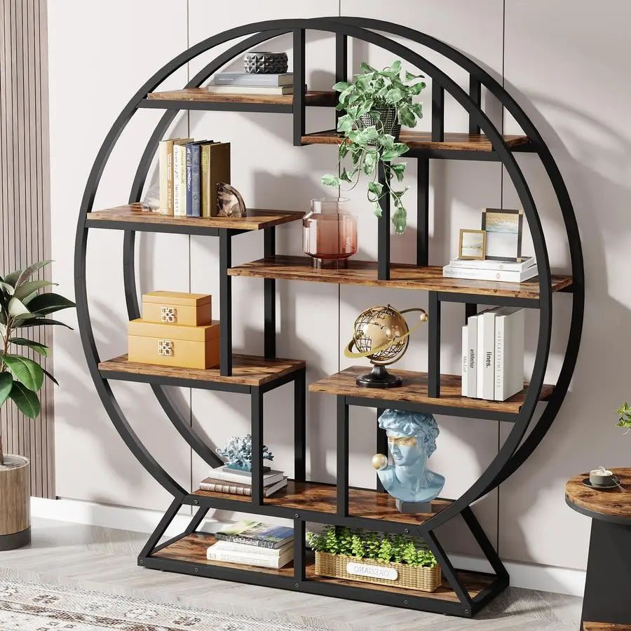 

Bookshelf, Round Bookshelves Etagere Bookcase, 63 Inch Industrial Wood Book Shelf with Staggered Shelves, Rustic Open Shelving
