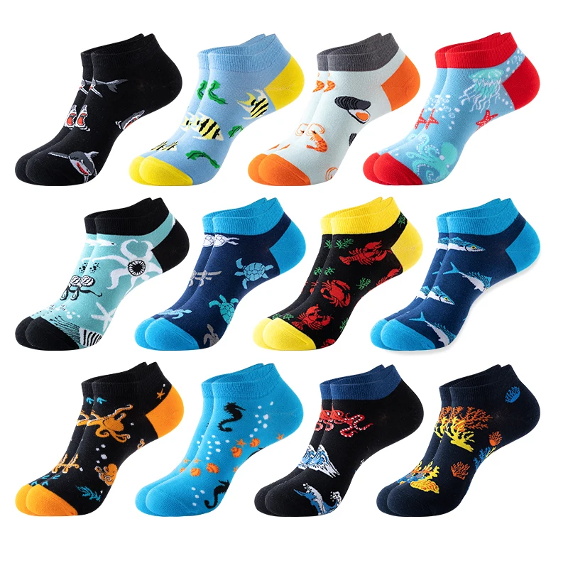 6 Pairs Unisex Novelty Colorful Short Socks Men Harajuku Cartoon Funny Marine Organisms Casual Boat Socks Trend Male Ankle Socks