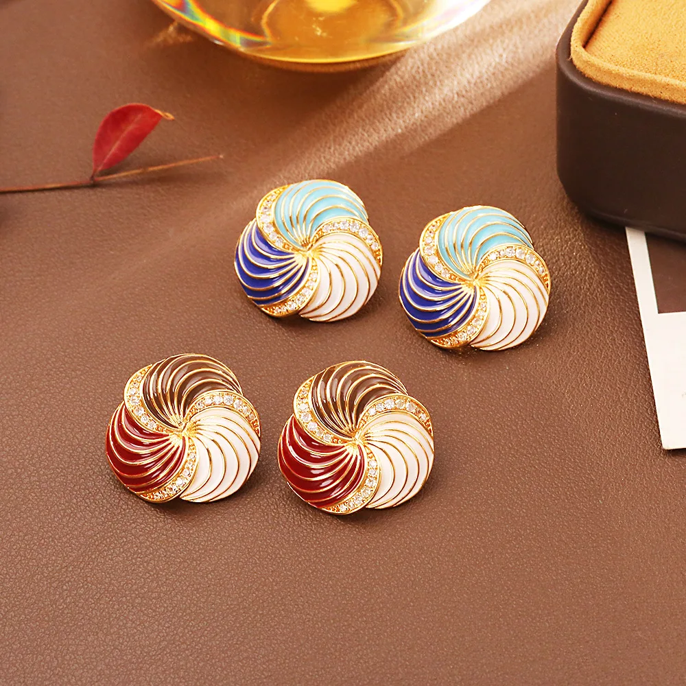 Women Color Contrast Enamel Flower Zircon Stud Earrings, Light Luxury High Grade Vintage Old Money Style Fashion Personality Ear