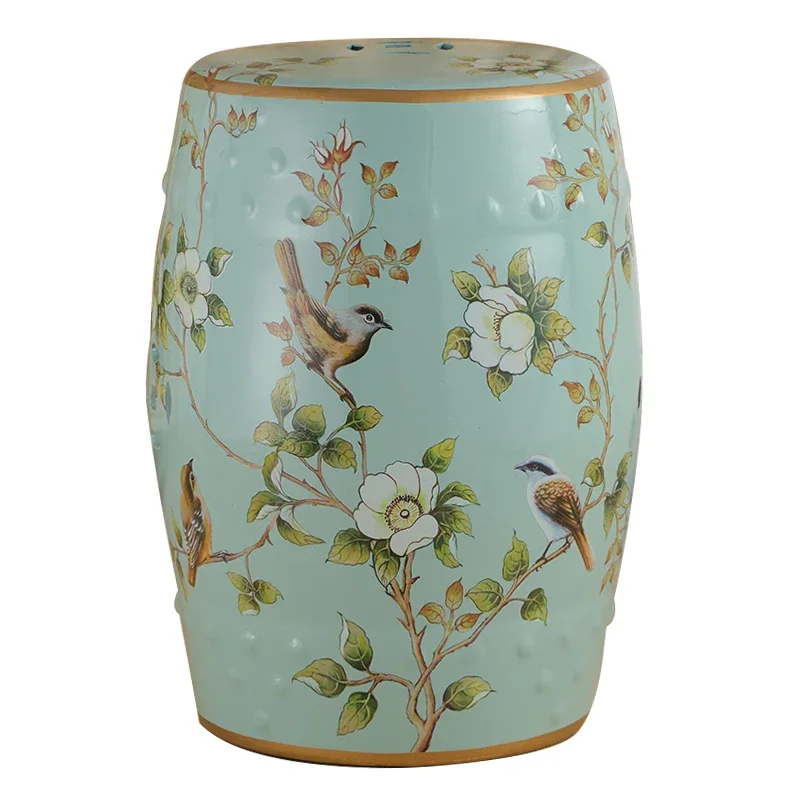 Ceramic Vanity Stool Shoe Stool  Flower Bird Drum Stool Porcelain Pier Embroidered Ottoman Home Decoration H45X28cm