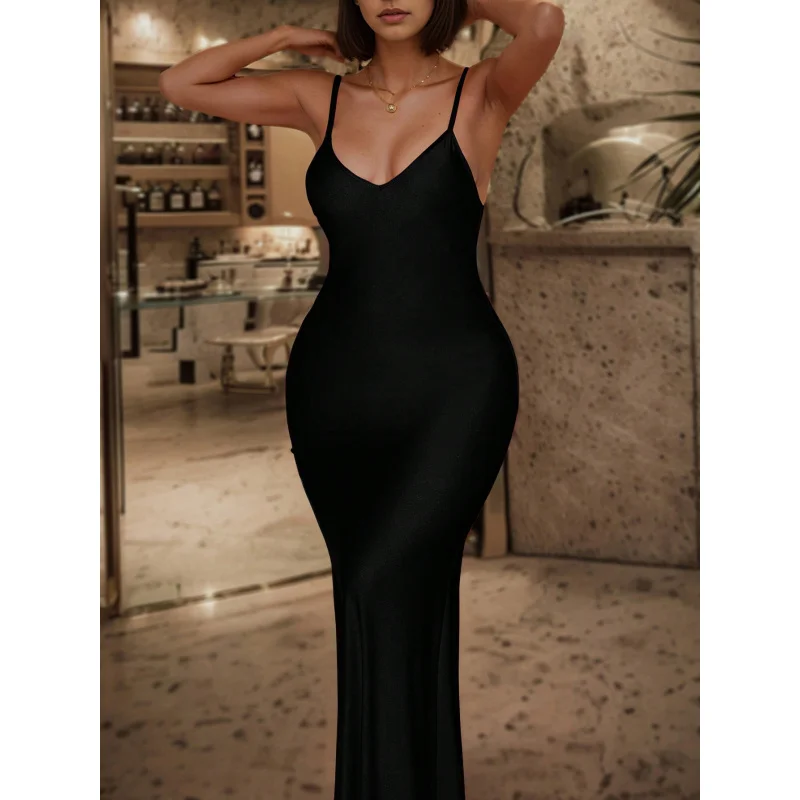 

International Station Hot-Selling Basic Women's Clothing2025Spring Summer Simple Sexy Solid Color Strap Dress Bodycon Long Dress