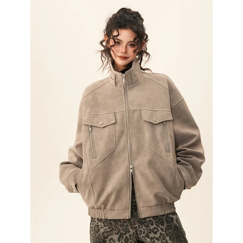 

Female Autumn and Winter Chic Solid Fashion Outwear Casual Suede Jackets Women Loose High Neck Long Sleeves Pocket Zipper Coats