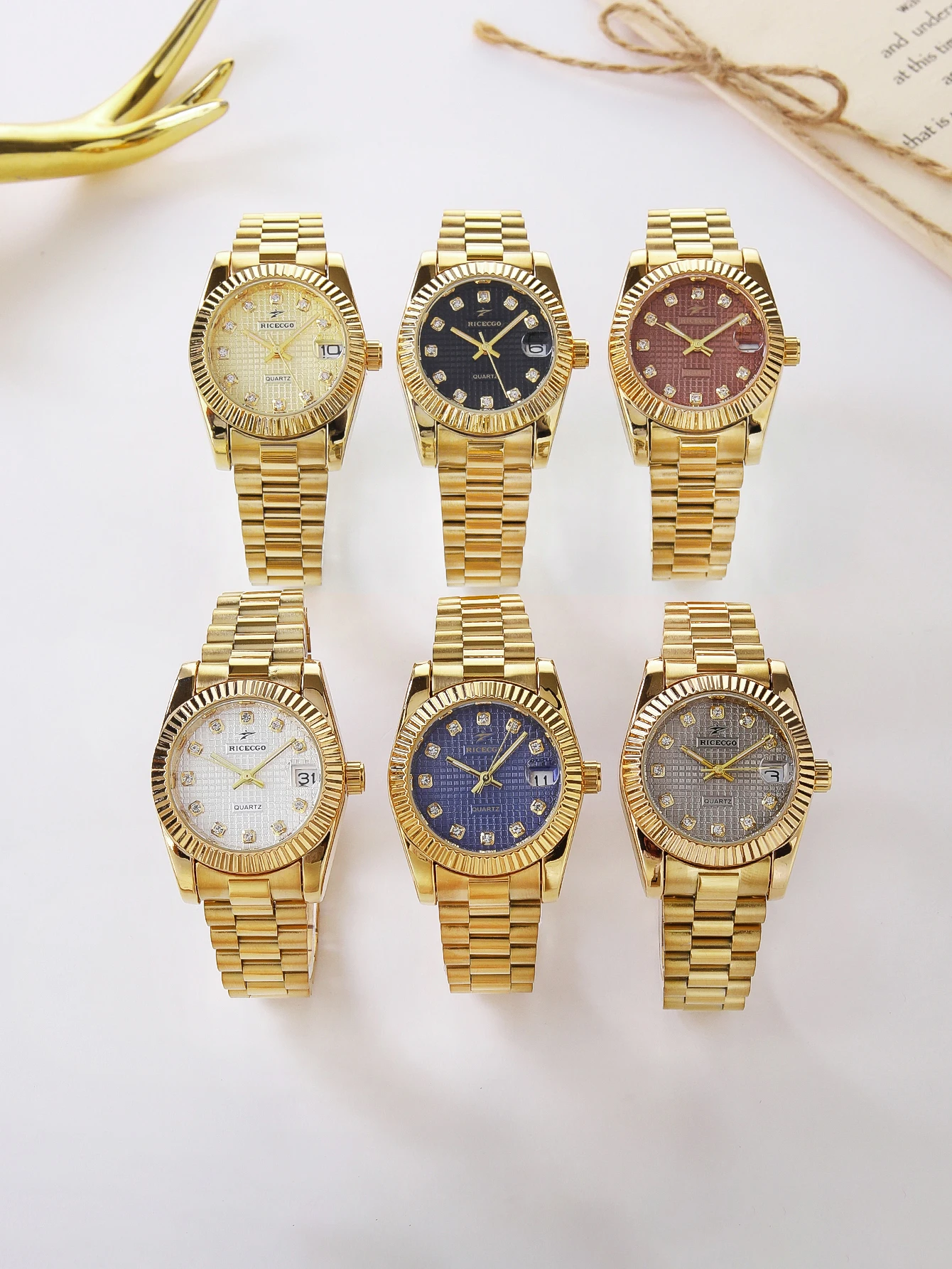 Business Diamond Inlaid Quartz Watch with Calendar Display, Metal Strap, Three-Dimensional Texture Dial, Wear-Resistant Design