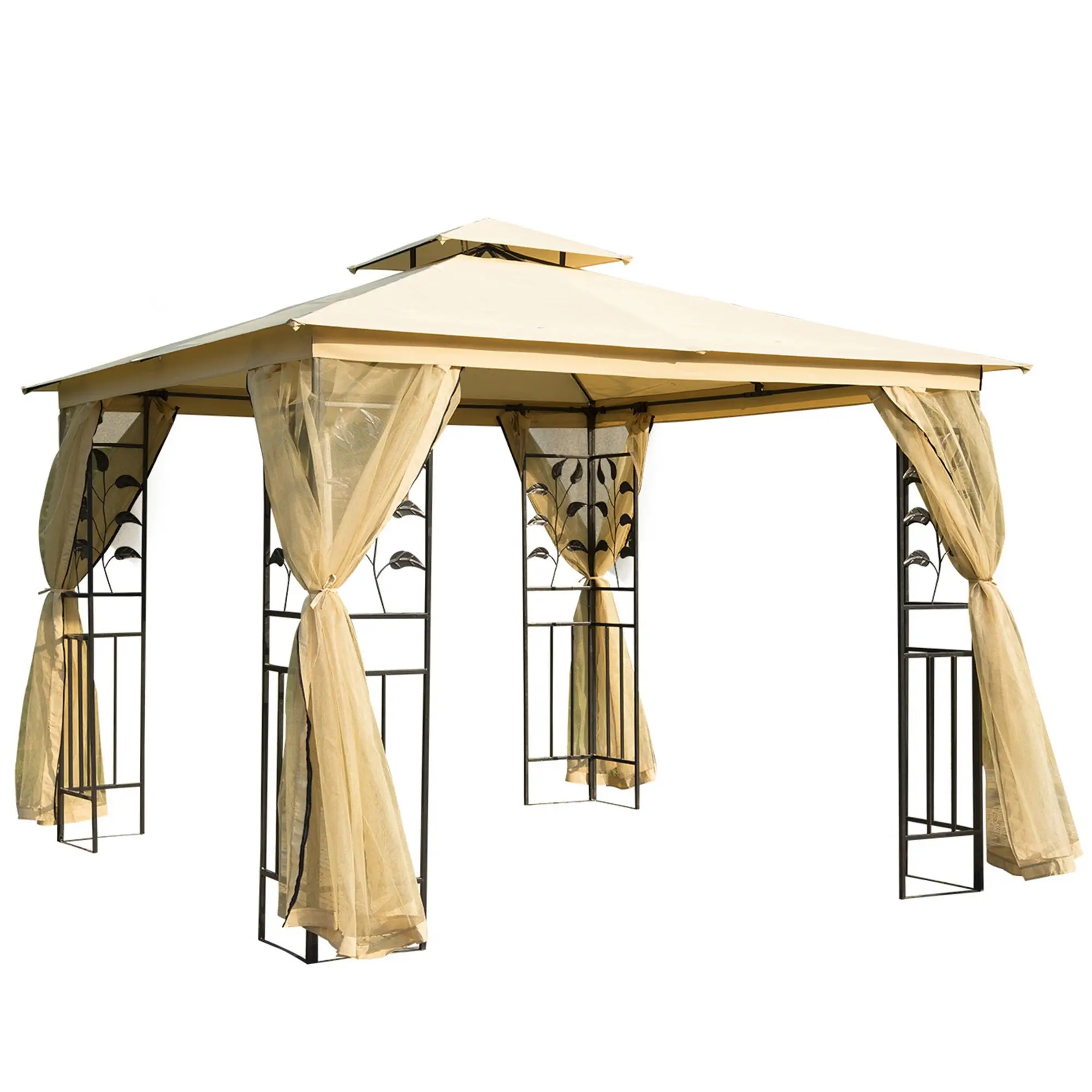 

Outsunny 10 x 10 Gazebo with 2-Tier Roof, Mesh Sidewalls, Steel Frame for Garden in Beige
