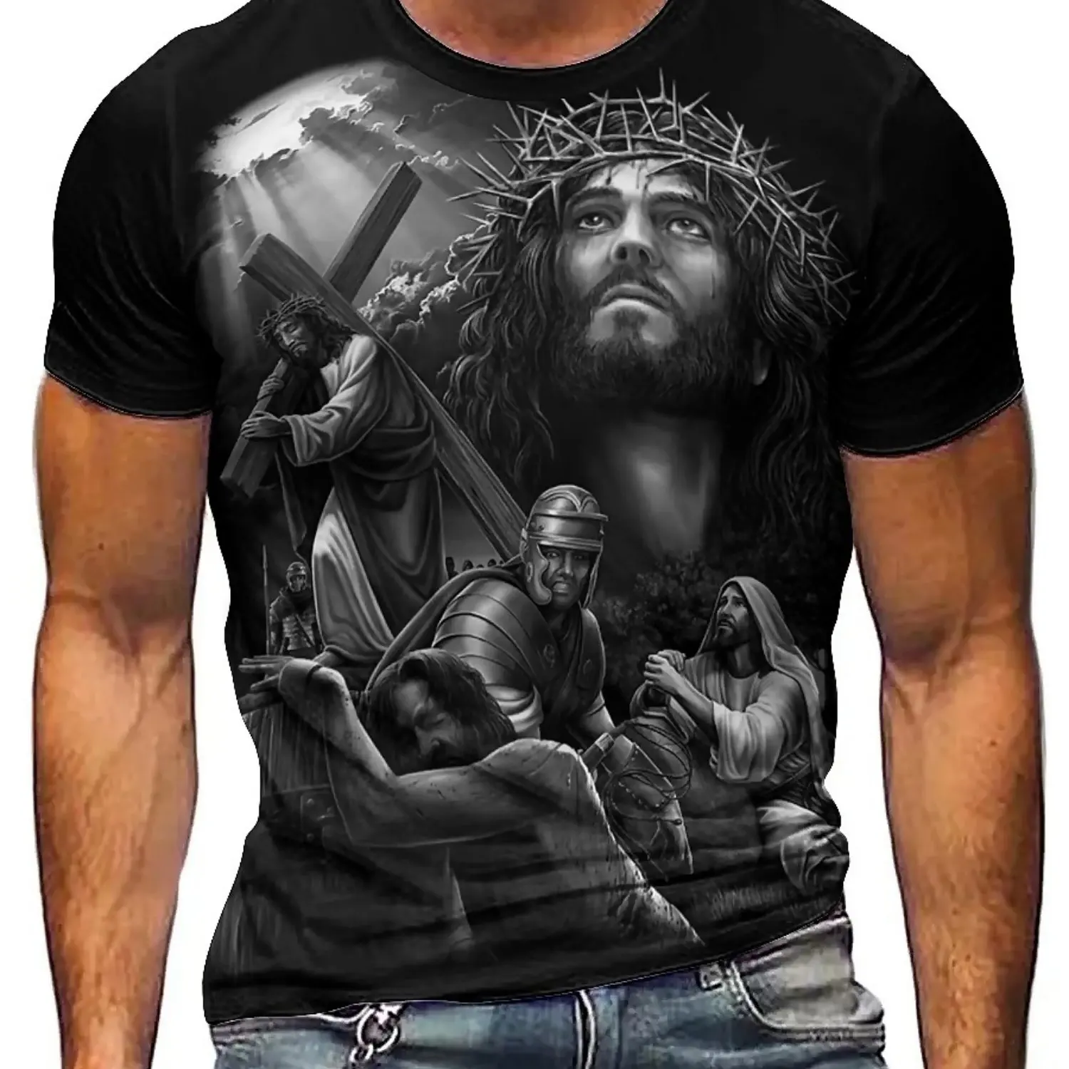 تي شيرت رجالي بأكمام قصيرة مطبوع عليه Jesus 3D مقاس كبير - تي شيرت مريح برقبة دائرية من البوليستر الناعم مع تصميم متقاطع وشخصيات