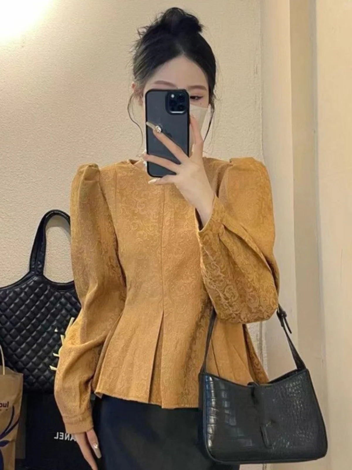 

Женская модная блузка с цветочной вышивкой и пышными рукавами, плиссированная, с завышенной талией, из полиэстера, с длинными рукавами и круглым вырезом